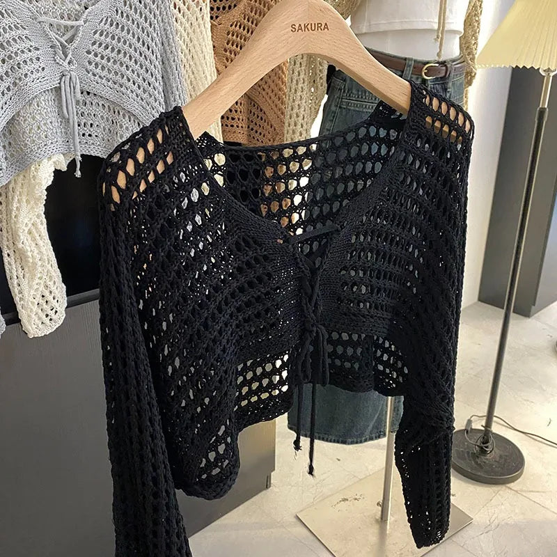 Crochet Crop Tie-Front Cardigan | Women's Y2K Beach Shrug Top